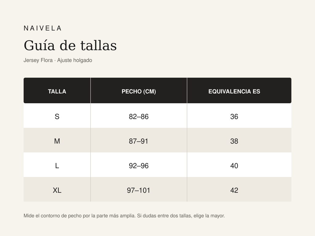 Guía de tallas del Jersey Flora de Naivela