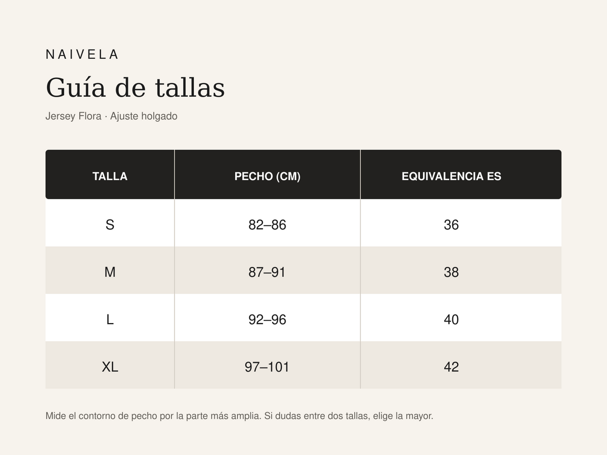Guía de tallas del Jersey Flora de Naivela