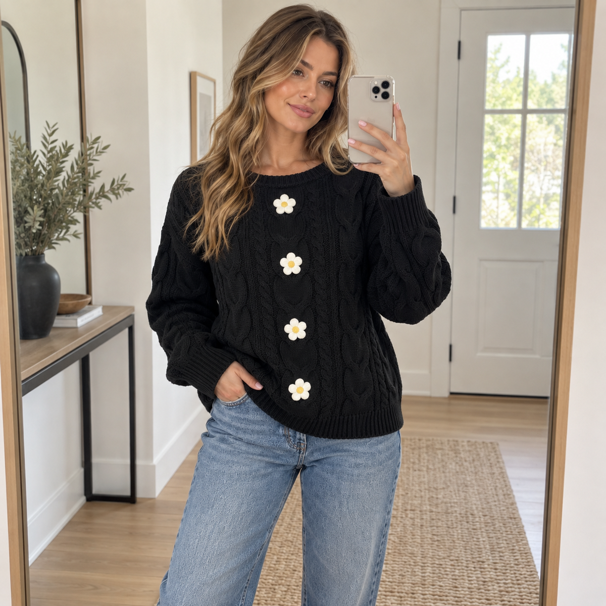 Jersey Flora negro en un look casual